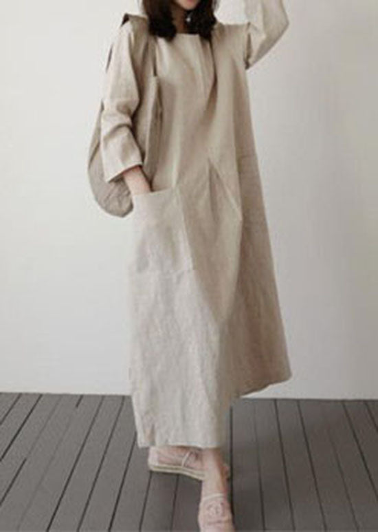 Italian Beige O-neck Side Open Cotton Dress Spring