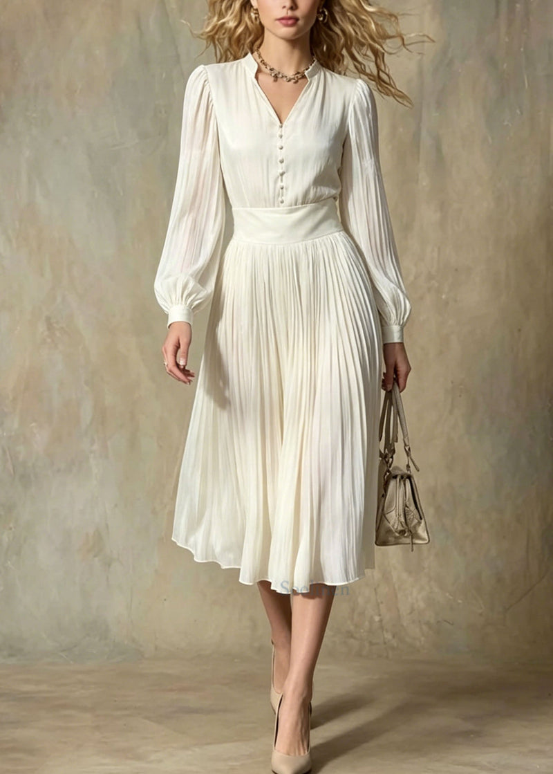 Italian Beige V Neck Button Patchwork Silk Maxi Dresses Lantern Sleeve