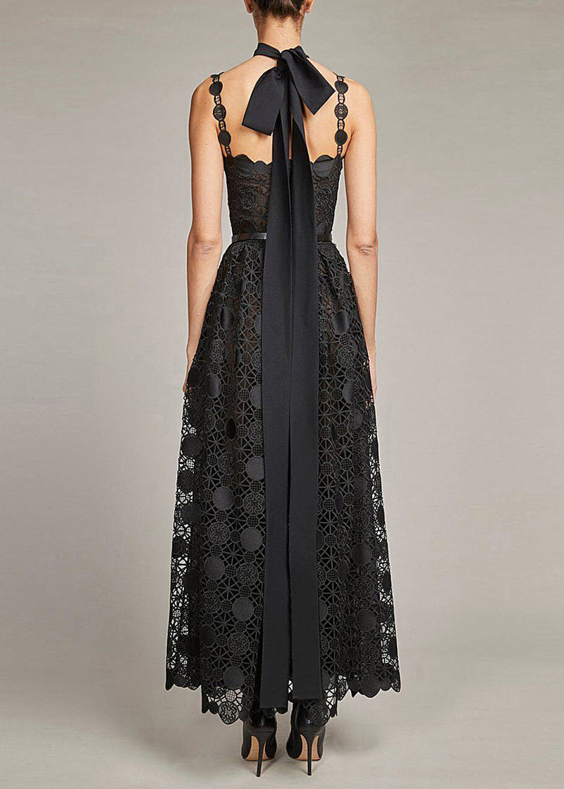 Italian Black Backless Lace Spaghetti Strap Dress Summer