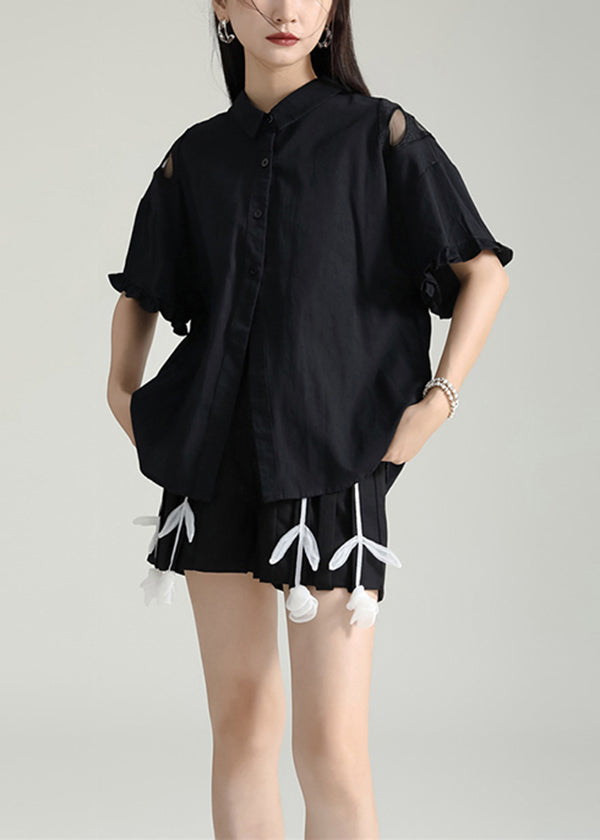 Italian Black Butterfly Hollow Out Cotton Shirts Wear on Both Sides Summer