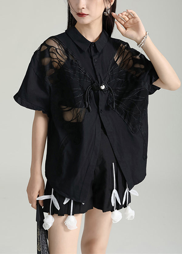 Italian Black Butterfly Hollow Out Cotton Shirts Wear on Both Sides Summer
