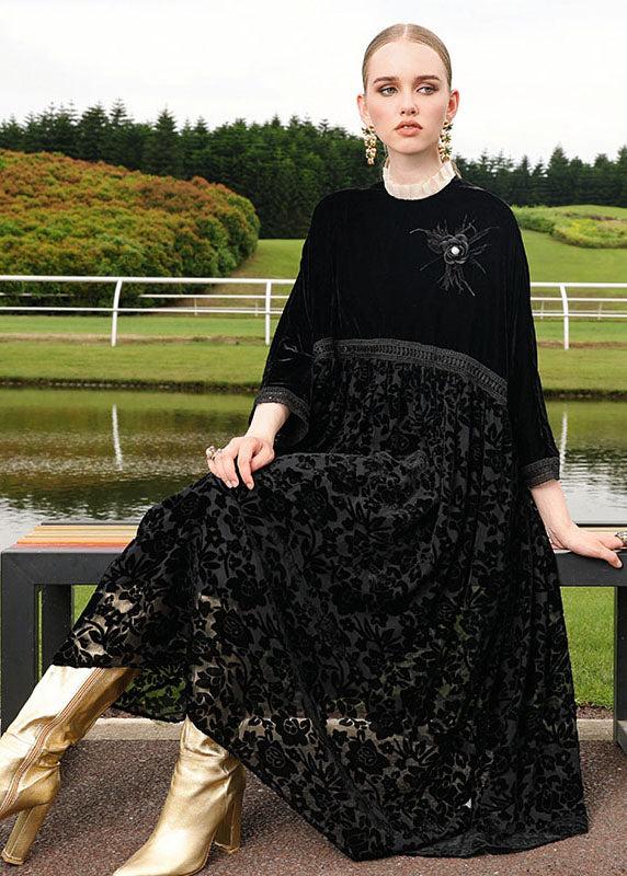 Italian Black Embroidered Patchwork Silk Velour Dress Long Sleeve