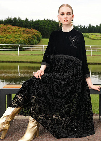 Italian Black Embroidered Patchwork Silk Velour Dress Long Sleeve