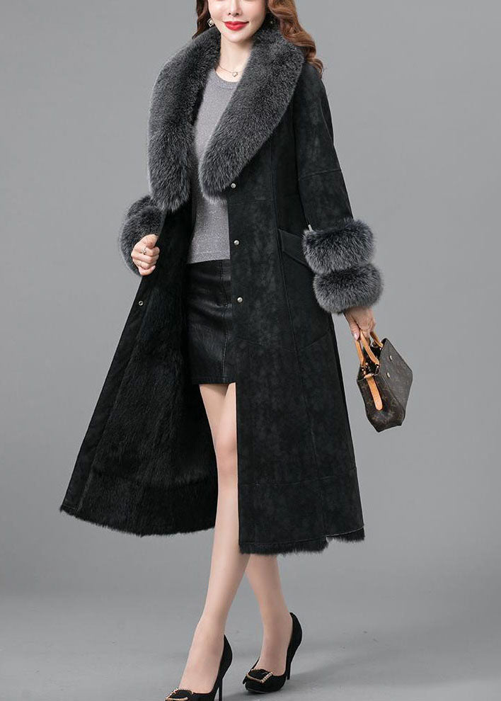 Italian Black Fox Collar Sashes Pockets Leather and Fur Parka Winter