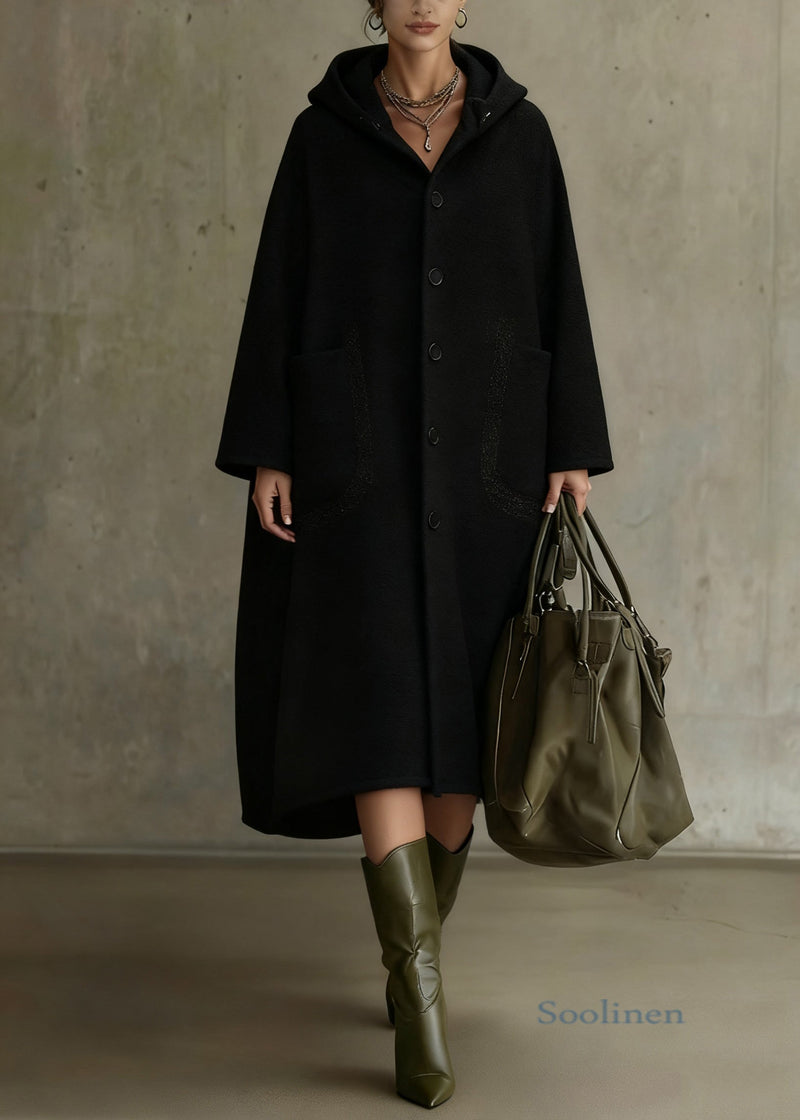 Italian Black Hooded Button Pockets Woolen Long Coat Spring