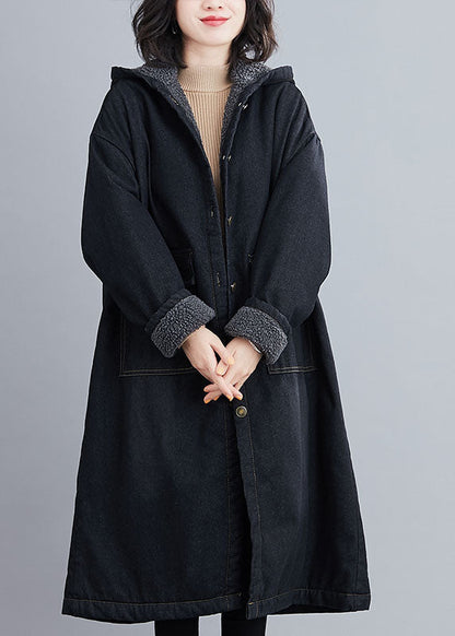 Italian Black Hooded Pockets Fleece Wool Lined Winter Denim Parka