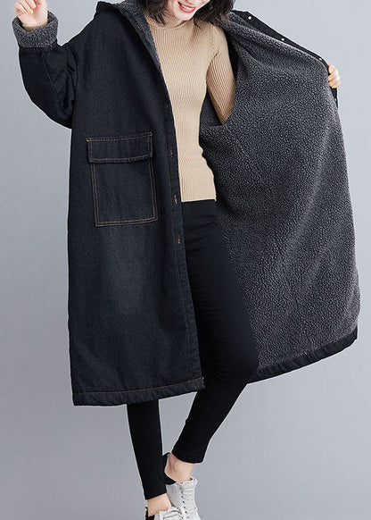 Italian Black Hooded Pockets Fleece Wool Lined Winter Denim Parka