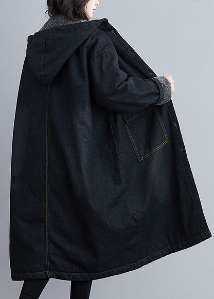Italian Black Hooded Pockets Fleece Wool Lined Winter Denim Parka