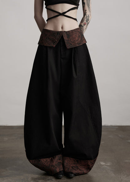Italian Black Jacquard Patchwork Cotton Wide Leg Pants Spring