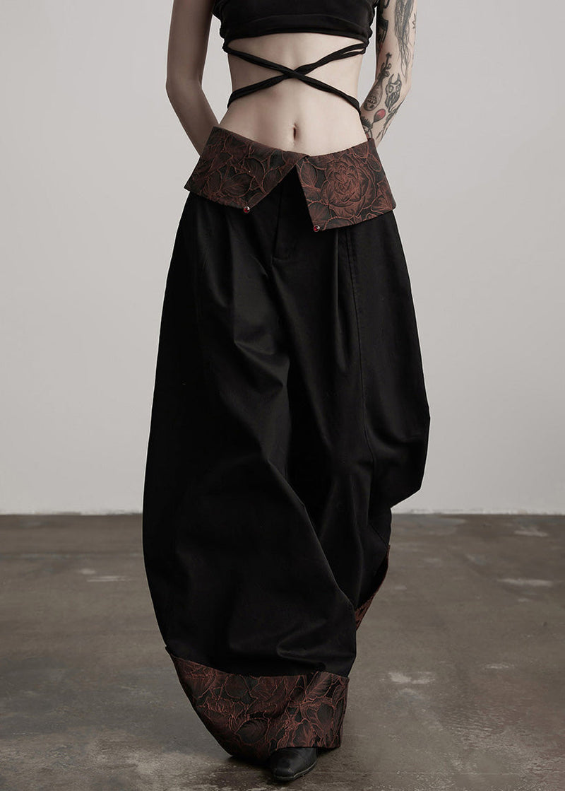 Italian Black Jacquard Patchwork Cotton Wide Leg Pants Spring