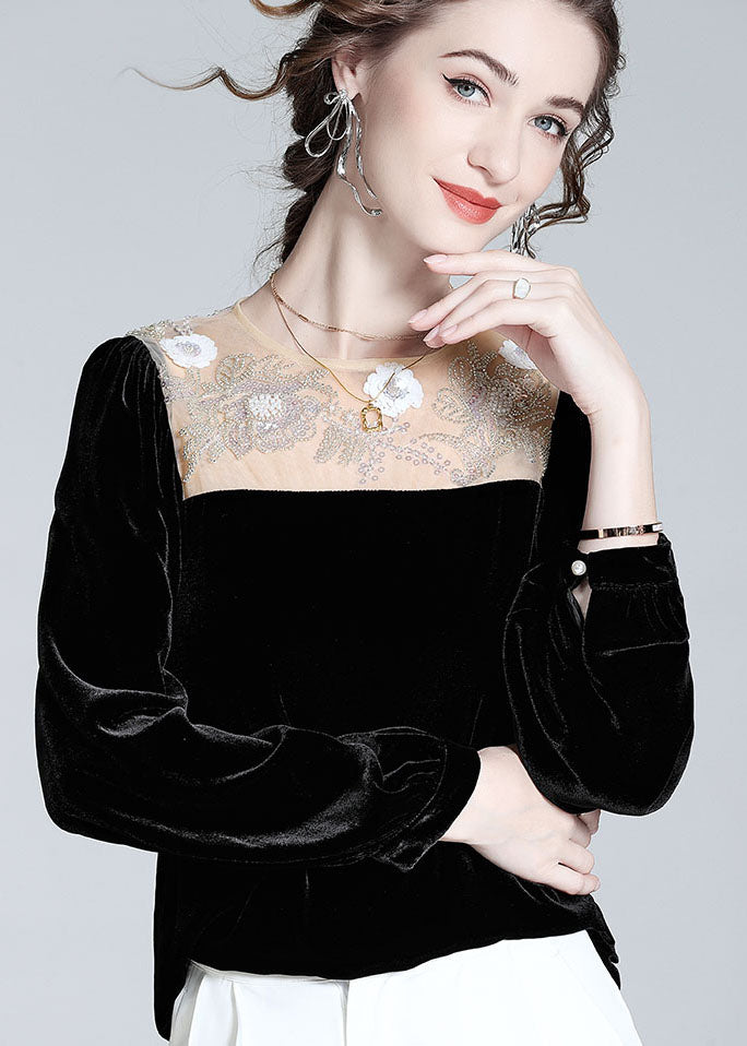 Italian Black O-neck Nail Bead Patchwork Silk Velour T Shirt Spring