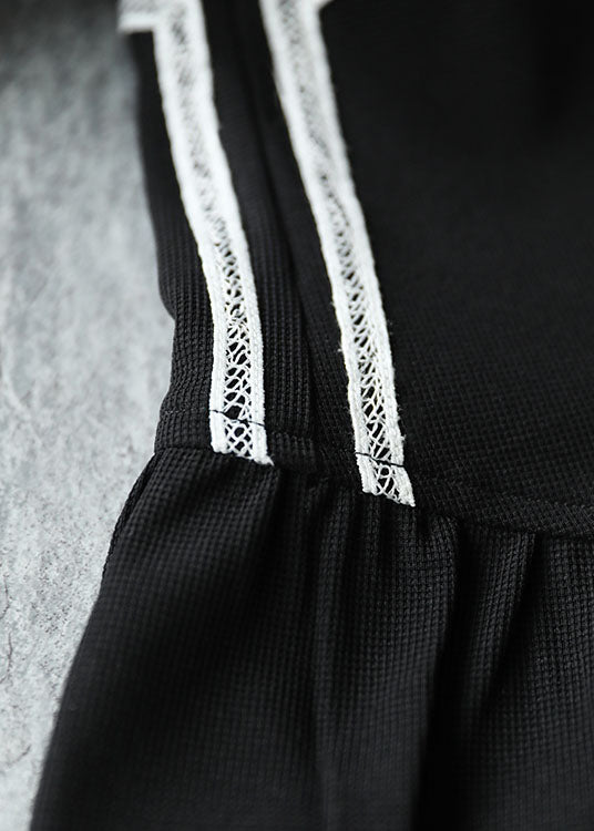 Italian Black O-neck Patchwork Knit Cinch Mid Dress Short Sleeve