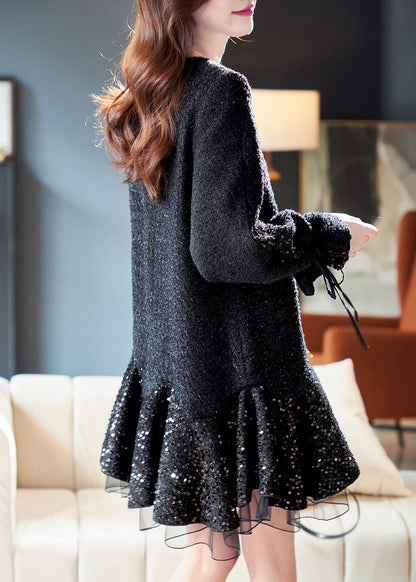 Italian Black O Neck Tulle Sequins Patchwork Dresses Spring