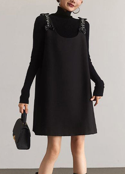 Italian Black O-neck Zircon Patchwork Cotton Mid Dress Sleeveless