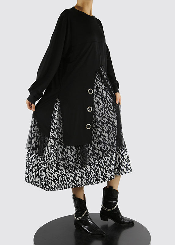 Italian Black O-neck Side Open Tulle Patchwork Dress Spring