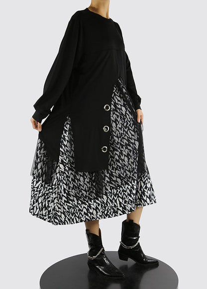 Italian Black O-neck Side Open Tulle Patchwork Dress Spring