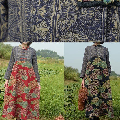 Italian Black Peony Dresses O Neck Patchwork Maxi Dresses