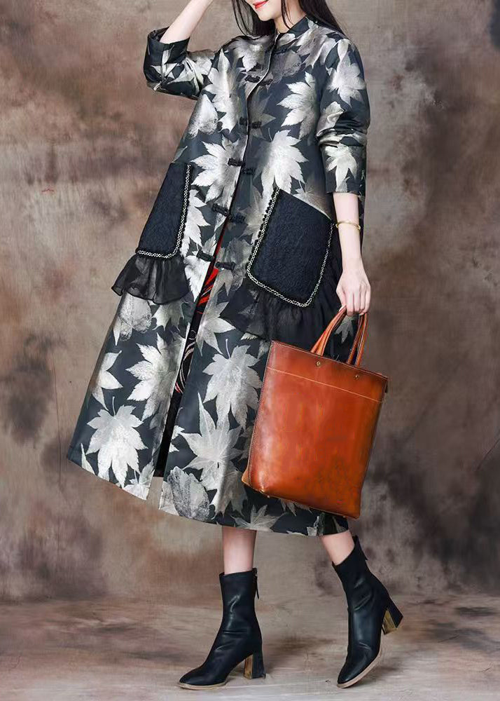 Italian Black Print Pockets Patchwork Silk Cotton Long Coats Spring