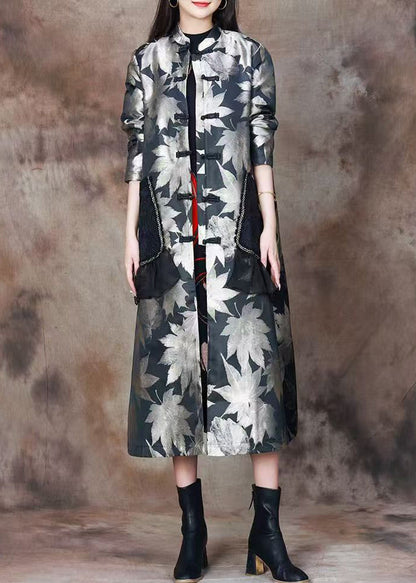 Italian Black Print Pockets Patchwork Silk Cotton Long Coats Spring