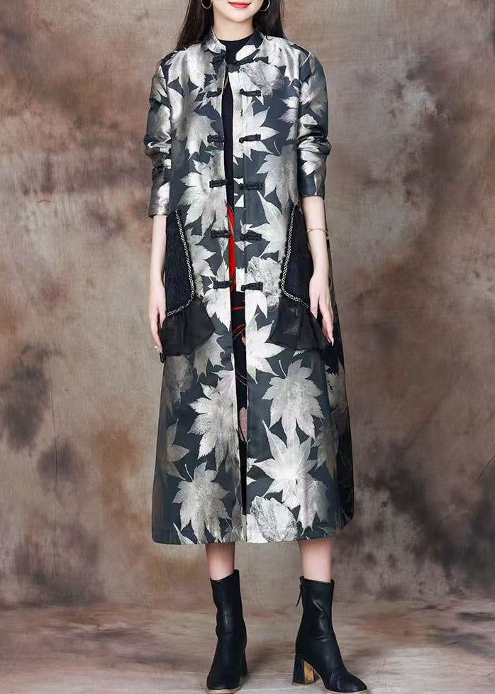 Italian Black Print Pockets Patchwork Silk Cotton Long Coats Spring