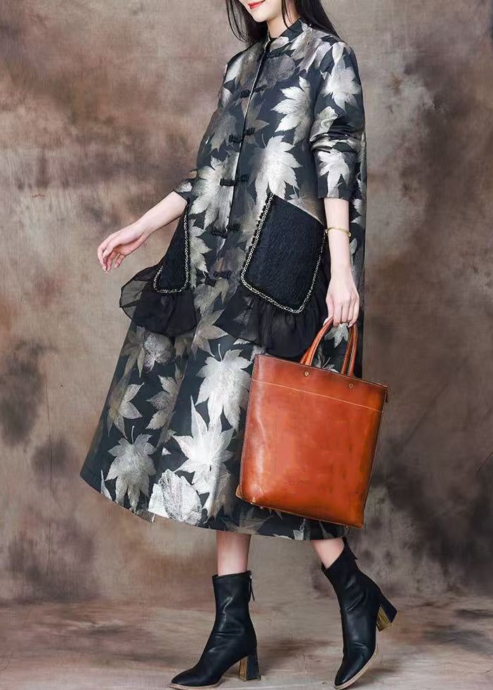 Italian Black Print Pockets Patchwork Silk Cotton Long Coats Spring