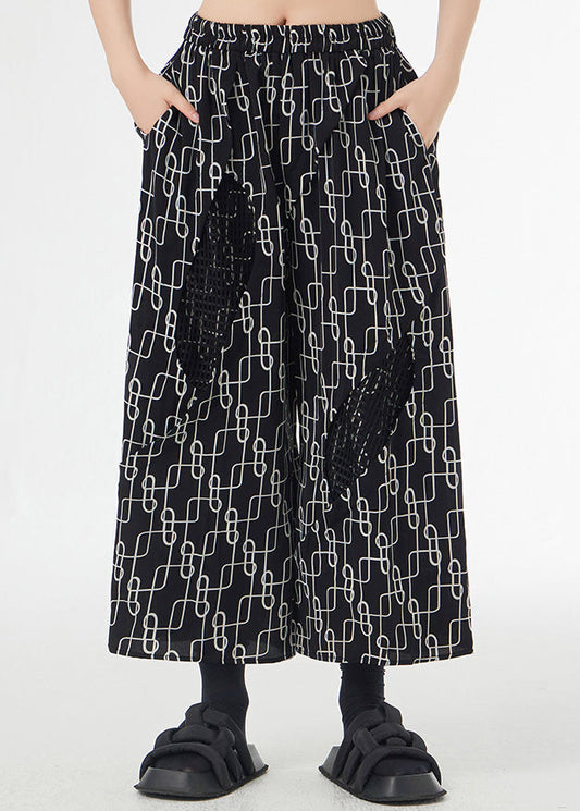Italian Black Print Pockets Patchwork Silk Cotton Wide Leg Pants Summer