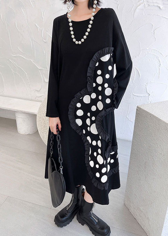 Italian Black Ruffled Patchwork Print Fall Ankle Dress Long Sleeve
