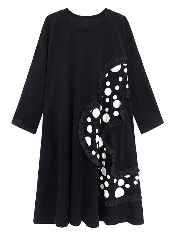 Italian Black Ruffled Patchwork Print Fall Ankle Dress Long Sleeve