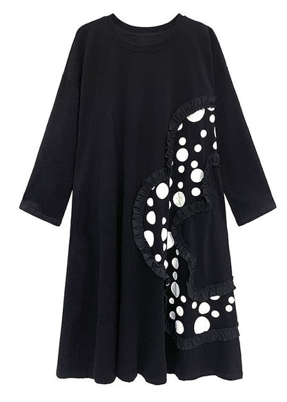 Italian Black Ruffled Patchwork Print Fall Ankle Dress Long Sleeve