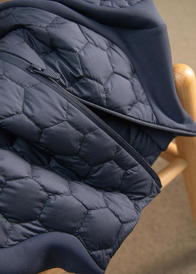 Italian Black Stand Collar Zip Up Slim Fit Fine Cotton Filled Jacket in Winter