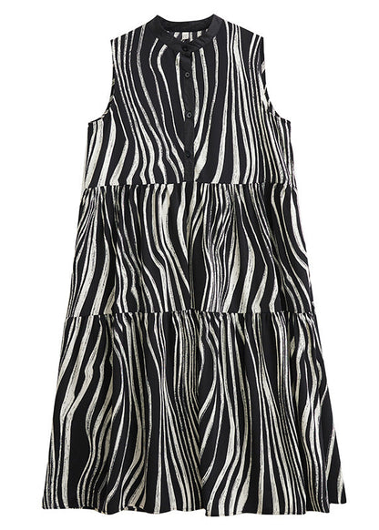 Italian Black Striped Stand Collar Patchwork Button Long Dress Summer