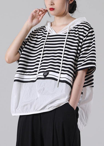 Italian Black Striped Hooded Cotton Top Summer