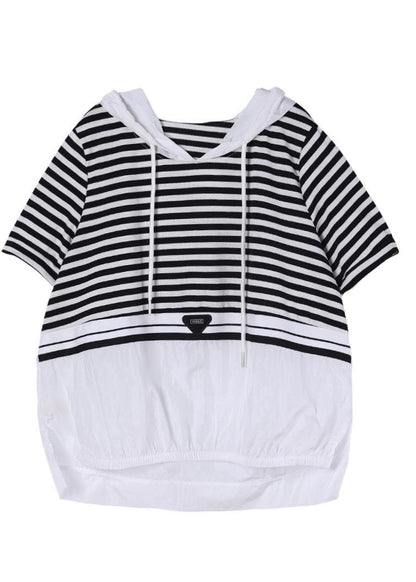 Italian Black Striped Hooded Cotton Top Summer