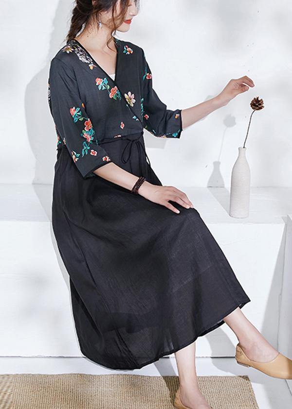 Italian Black Tie Waist Patchwork Print Summer Ramie Shirts