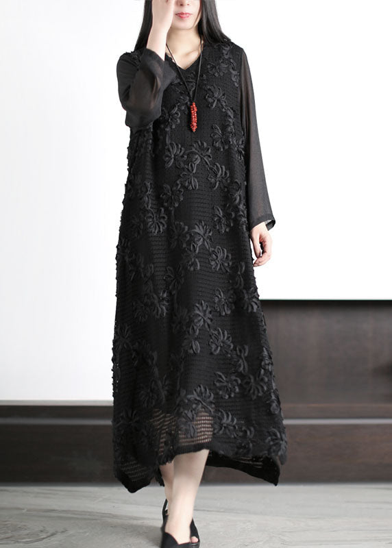 Italian Black V Neck Hollow Out Patchwork Cotton Dress Long Sleeve