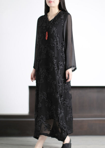 Italian Black V Neck Hollow Out Patchwork Cotton Dress Long Sleeve
