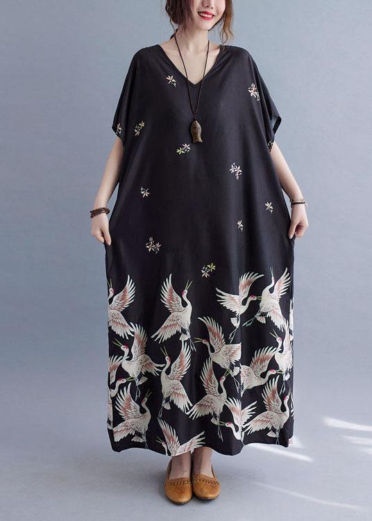 Italian Gray Bamboo V Neck Pockets Print Summer Holiday Dress Short Sleeve