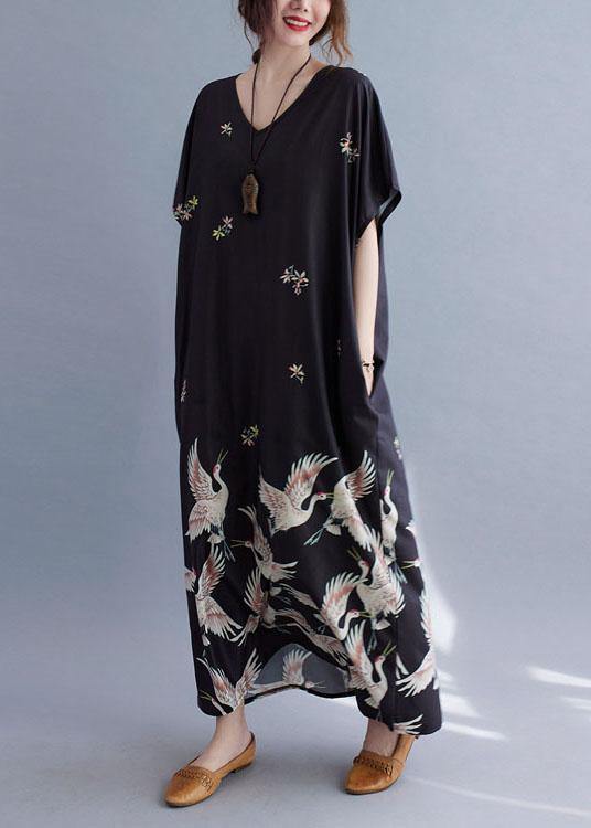 Italian Gray Bamboo V Neck Pockets Print Summer Holiday Dress Short Sleeve