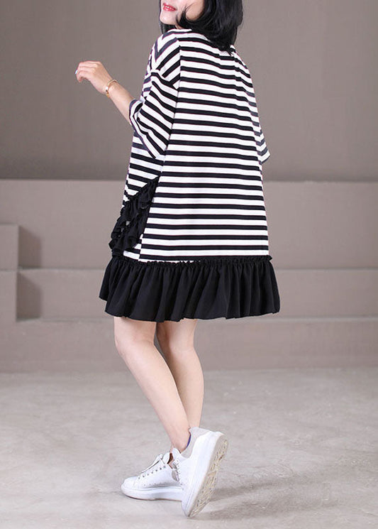 Italian Black White Striped O-neck Patchwork Ruffled Robe Dresses Short Sleeve