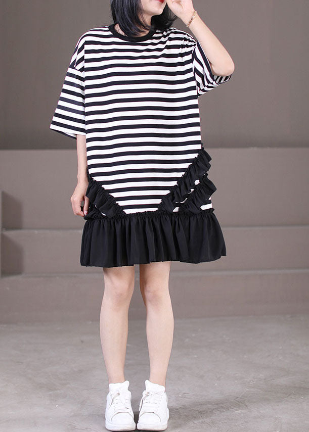 Italian Black White Striped O-neck Patchwork Ruffled Robe Dresses Short Sleeve