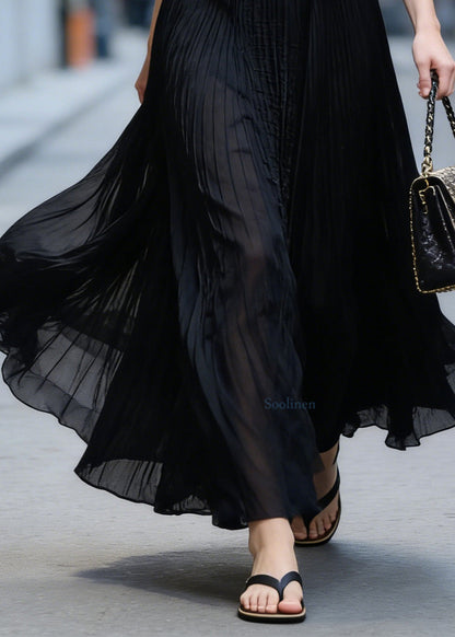 Italian Black Wrinkled Patchwork High Waist Chiffon Skirt Summer