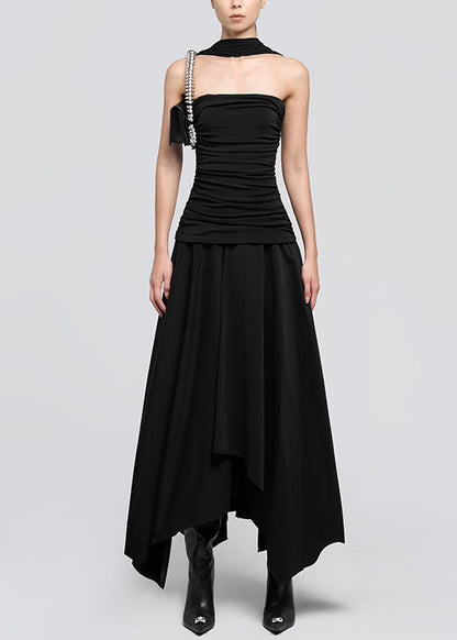 Italian Black Wrinkled Cotton Long Dress Sleeveless