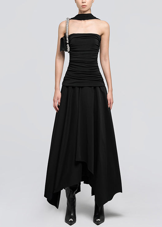 Italian Black Wrinkled Cotton Long Dress Sleeveless