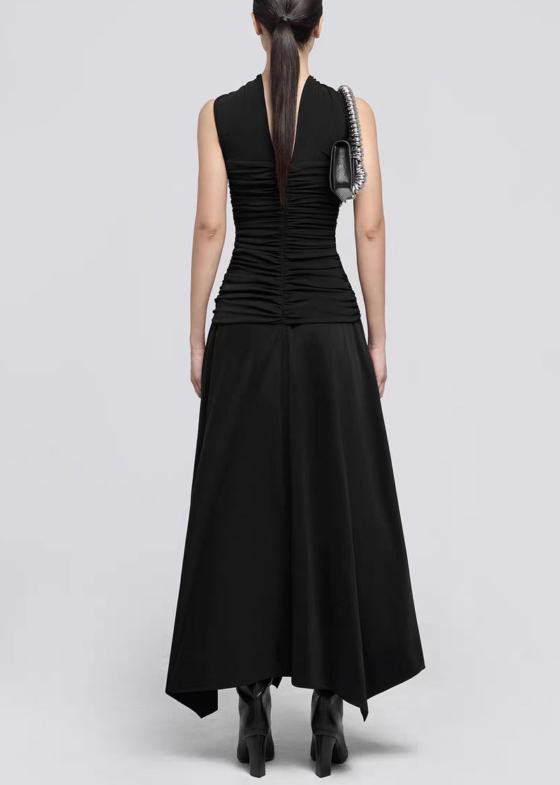 Italian Black Wrinkled Cotton Long Dress Sleeveless