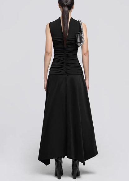 Italian Black Wrinkled Cotton Long Dress Sleeveless