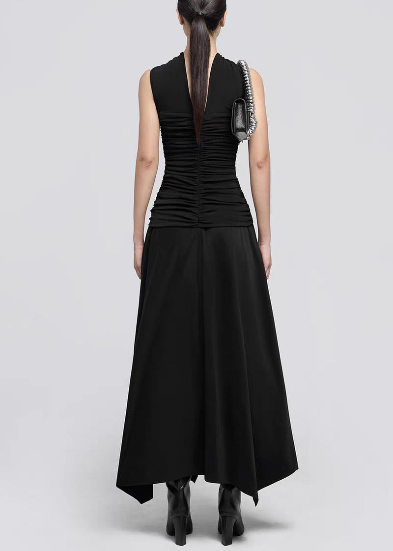 Italian Black Wrinkled Cotton Long Dress Sleeveless