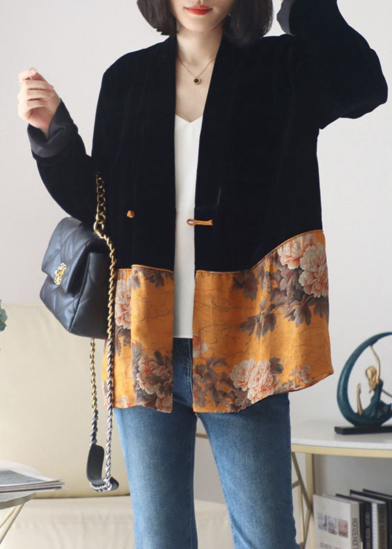 Italian Black Button V Neck Print Patchwork Silk Coats Long Sleeve