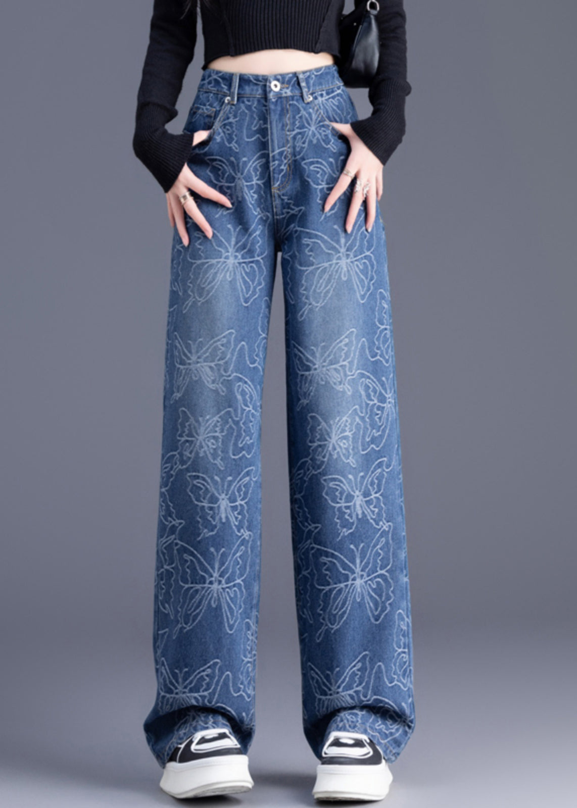 Italian Blue High Waist Print Denim Straight Pants Trousers Summer