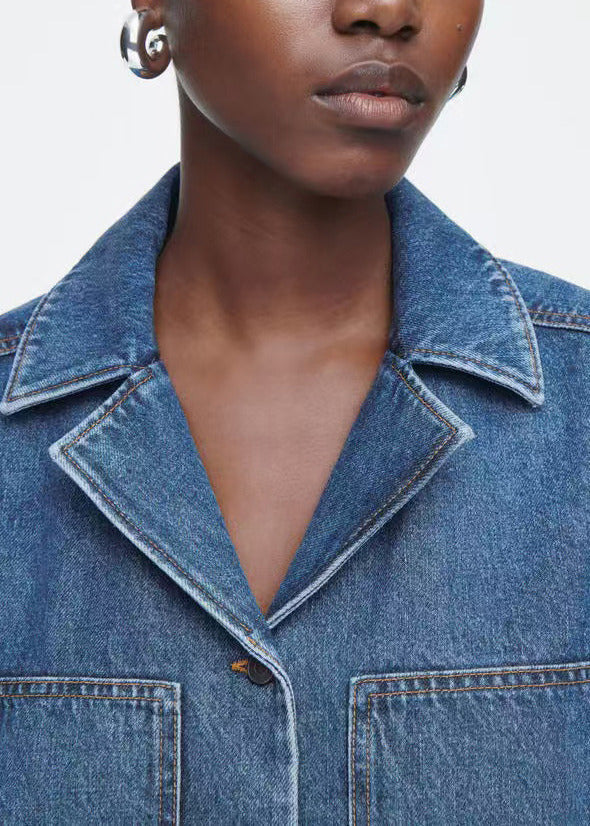 Italian Blue Notched Pockets Denim Straight Dress Summer
