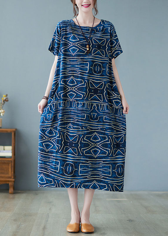 Italian Blue O-neck Geometric Print Pockets Cotton Maxi Dress Short Sleeve